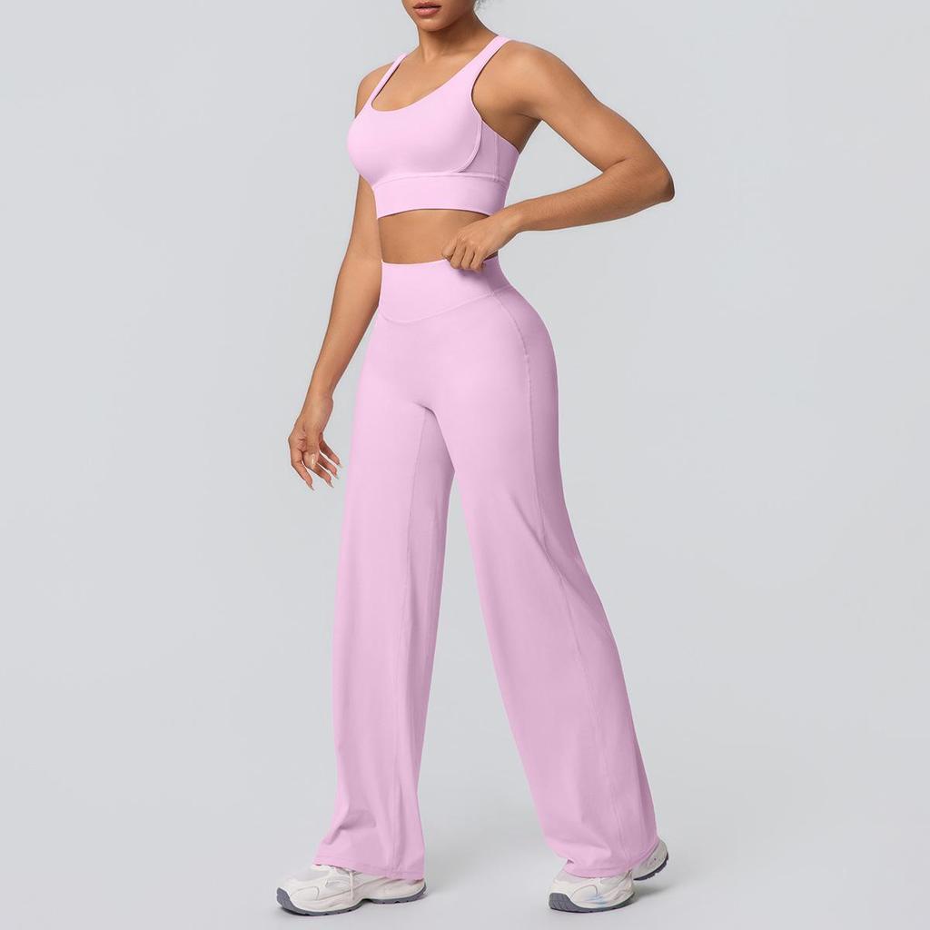 Shockproof Cross Back Running Bra & High Waist Wide Leg Yoga Pants