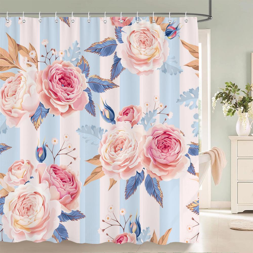 Modern Flowers Shower Curtains Waterproof Fabric Floral Bath Curtains For Bathroom Bathtub Large Wide Bathing Cover With Hooks