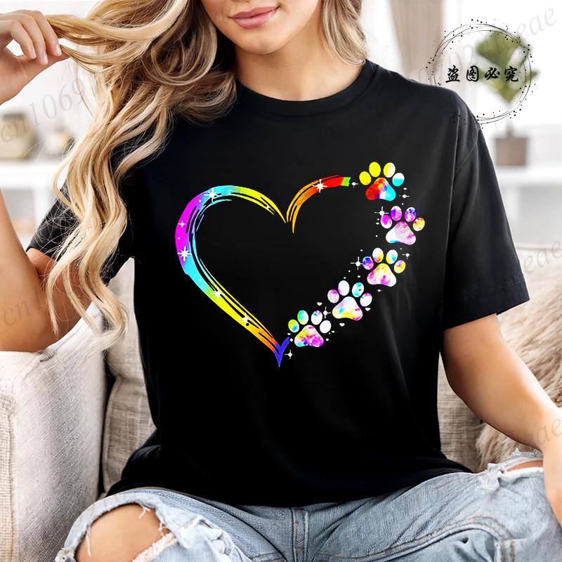 

Summer T-shirt Fashion Heart Dogs Paw Print Casual Tops Colorful Heart Paws Printed Tops Cartoon Graphic Printed Tees Black Tops M