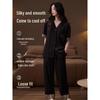 Women's Soft Ice Silk Pajama Set: Short Sleeve, Long Pants, Leopard Print, Cool, Lightweight, Luxurious Summer Loungewear.