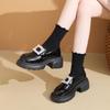 Rhinestone Buckle Loafers Autumn New Round Toe Deep Mouth Platform Non-slip Wear-resistant Block Heel Shoes