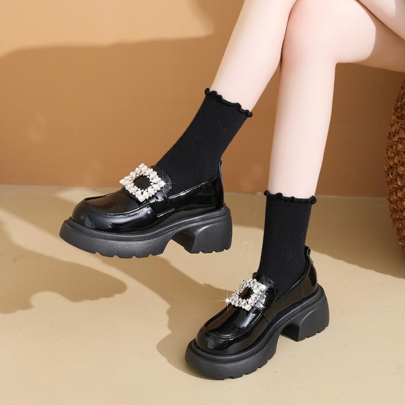 Rhinestone Buckle Loafers Autumn New Round Toe Deep Mouth Platform Non-slip Wear-resistant Block Heel Shoes