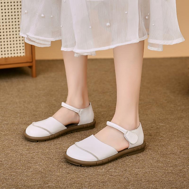 Fashion Fashion Baotou Sandals Women's Xia New Round Toe Shallow Mouth One Strap Splicing Side Empty Soft Sole Non-slip Flats