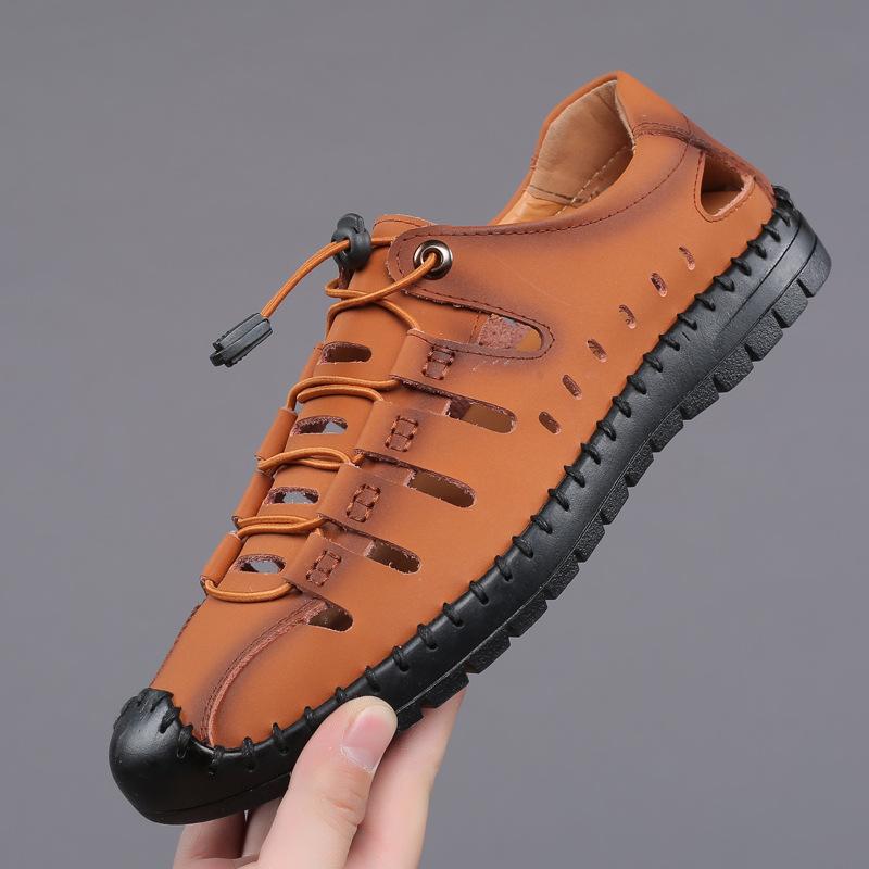 Summer New Men's Sandals Leather Casual Shoes Fashion Versatile Hollow Bag Head Breathable Hole Shoes Men's Shoes Soft