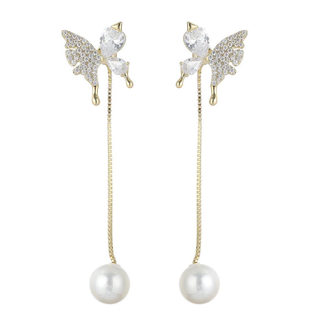 Elegant Two-Way Butterfly Pearl Tassel Earrings: Versatile, Slimming Studs for a Sweet, High-End Look.