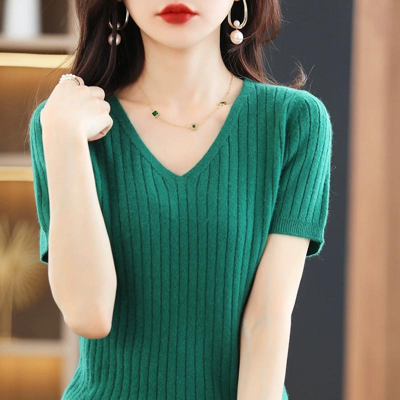 Spring and Summer V-neck Drawstring Short Sleeved Knitted Sweater for Women, Slim Fit and Slimming, Half Sleeved Top with A Base Layer