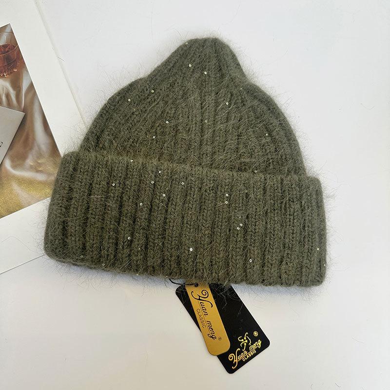 Lazy Wind Solid Color Sequined Knitted Pullover Hat Female Sweet Autumn and Winter Thickened Warm Wool Hat Headgear Tide
