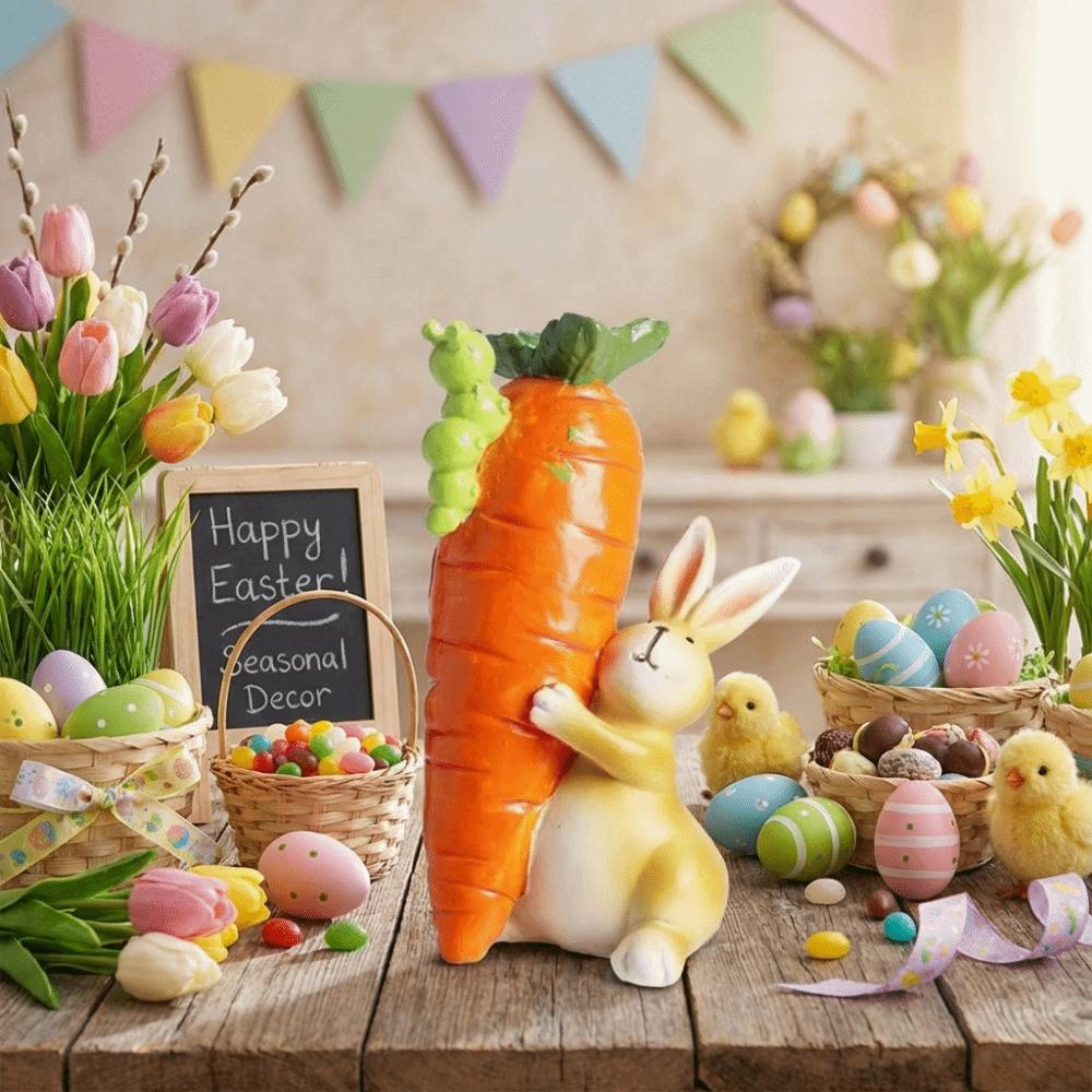 Handgefertigte Harz-Hasenstatue Bunter Hase mit Karotte Skulptur Osterparty