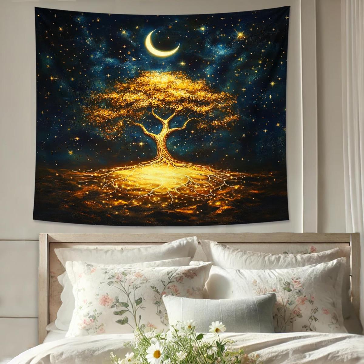 

Golden Tree of Life Tapestry Wall Decor for Bedroom Cozy Atmosphere Unique Home Style and Serene Living Enhancement 74x94cm(29x37in)