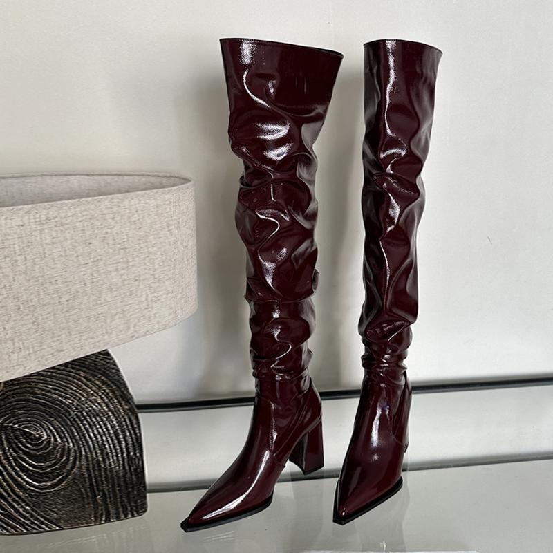 Moda Liyke Zimowe Uliczne Seksowne Botki Damskie za Kolano ze Szpiczastym Noskiem Buty do Tańca Buty Damskie za Udo Modne Niskie Kwadratowe Obcasy Botas Mujer