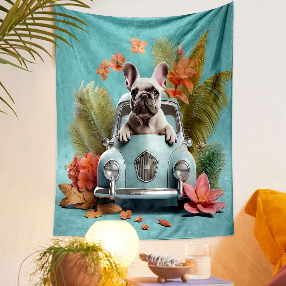 French Bulldog in Retro Car with Flowers Patterned Tapestry Decorative Wall Hanging, Home Bedroom Living Room Decor