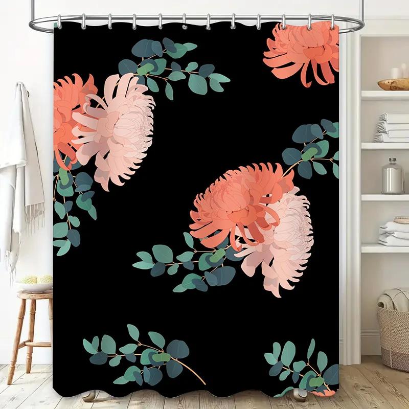 Vintage Floral Shower Curtain Waterproof Bathroom Decor Pink Coral Green Leaves Pattern Black Background W90xH180cm