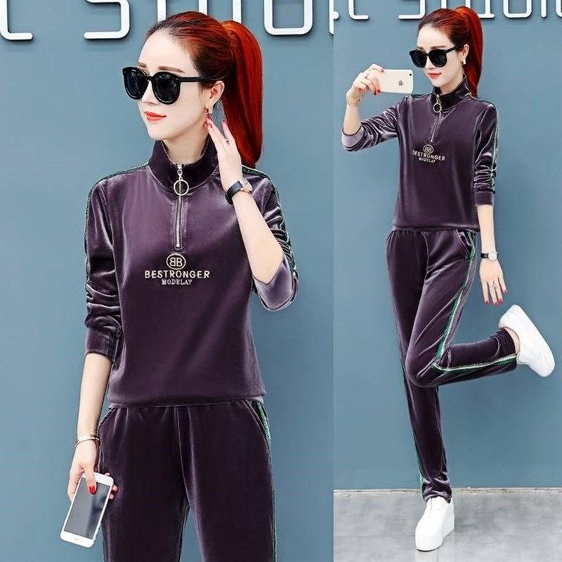 Gold Velvet Set - Women's Fashion Spring-Autumn Round-neck Casual Sportswear Sweater Set of Two Pieces