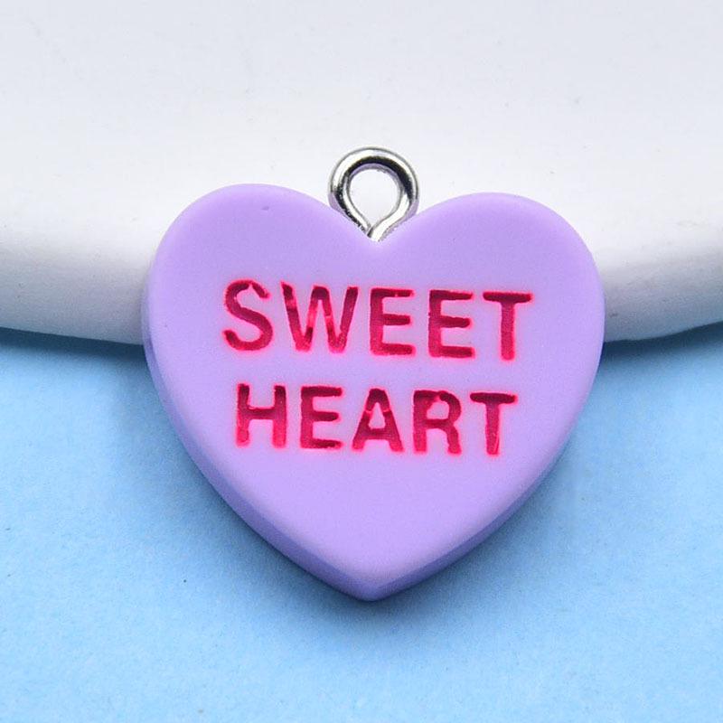 Candy Color Resin Heart Charm Jewelry Set: English Letter Earrings, Peach Heart Pendant Necklace, and Bracelet Accessories.