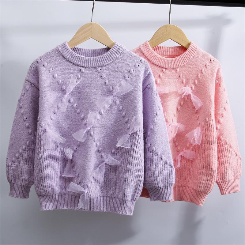 Girls' Fleece-Lined Wool Sweater - Autumn/Winter Knit with Bow, Fashionable Street Style