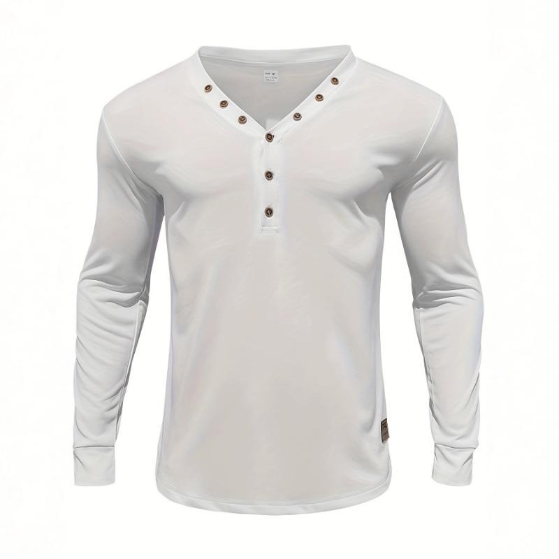Men's Long Sleeve Henley Top Button Placket V-Neck Slim Fit Casual Daily Shirt