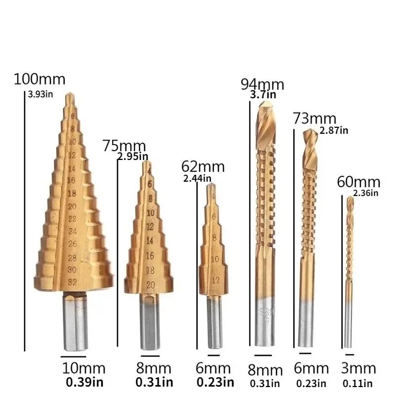 6pcs Step Drill Bit Saw Drill Bit Set Titanium Milling Cutter 4-12 4-20 4-32mm 3 6 8mm For Woodworking Metal Core Hole Opener
