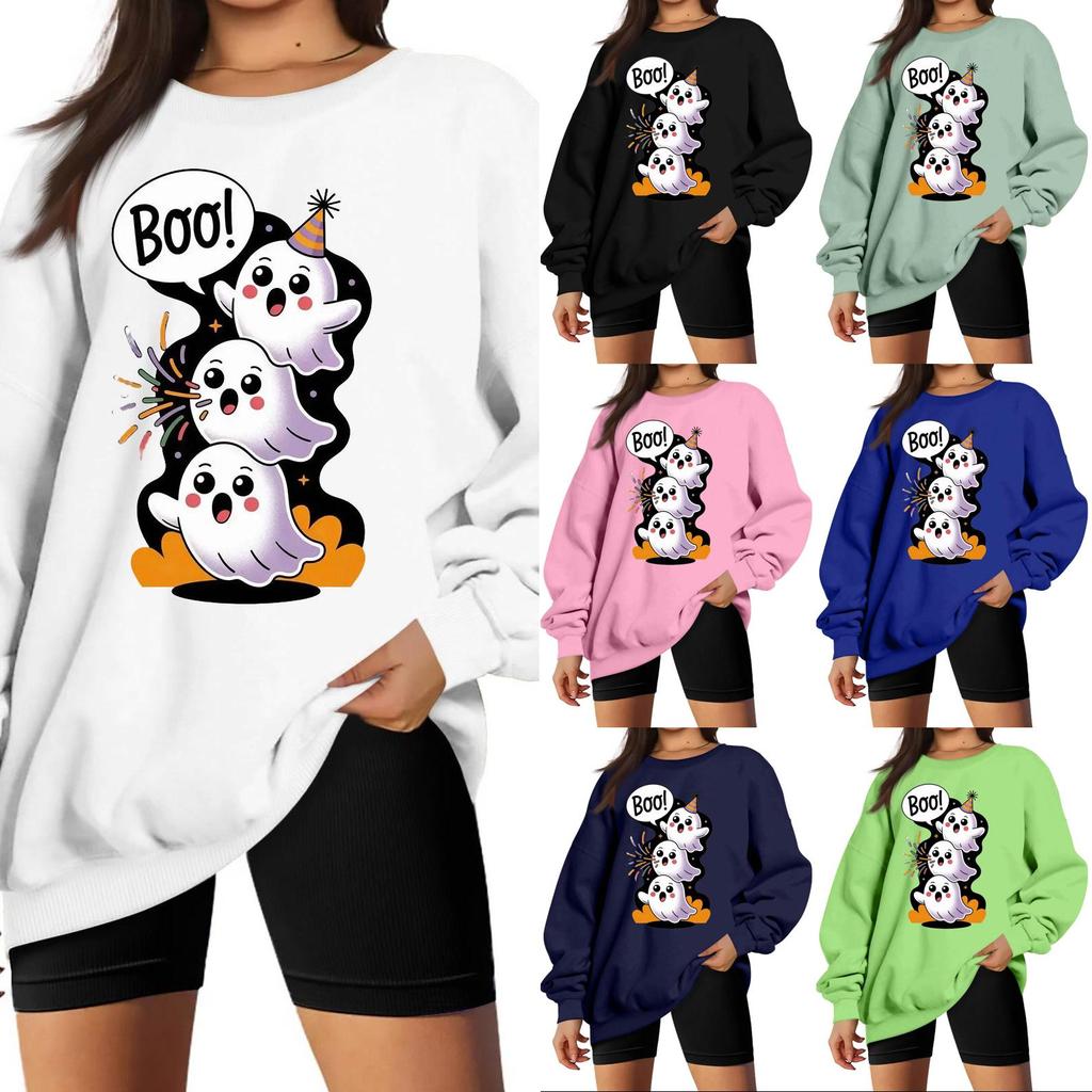 Women's Color Neck Long Sleeve Loose Fit Sweatshirt with Halloween Print