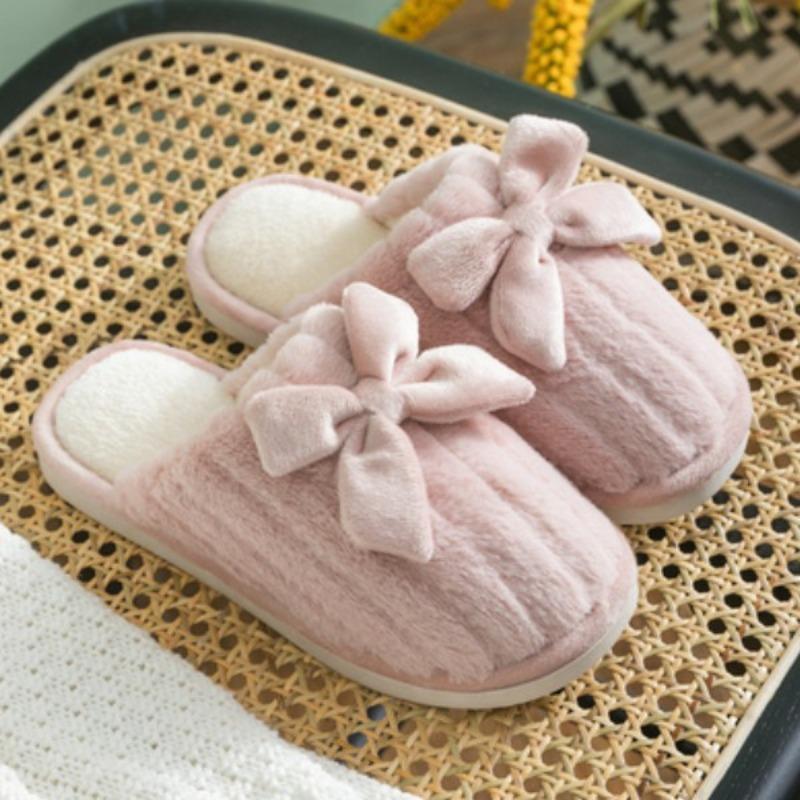 Winter thickened warm plush bow men and women's home indoor and outdoor soft bottom thick bottom non-slip couple cotton slippers