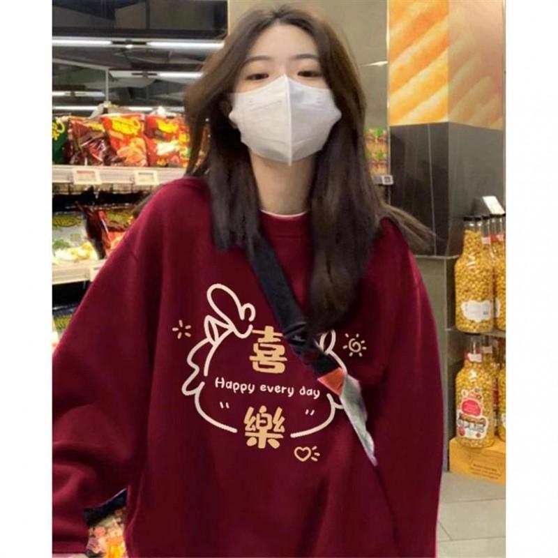 Womens Vintage Wine Red Fleece-Lined Hoodie Oversized Casual Sweatshirt Winter Student Loose Fit