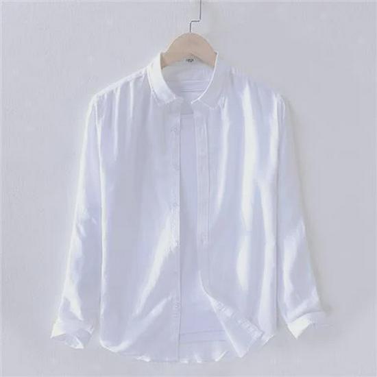 Men's White Long-Sleeve Linen Shirt - Casual Spring/Summer Lapel Style