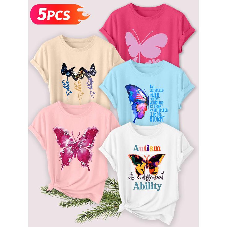 Five-piece set Elegant short-sleeved shirt for women Inspirational Butterfly Print Round Neck Women's Casual Sportswear T Shirt Suitable for spring
