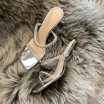 One Word with Transparent High Heels Thick Heel 2025 New Crystal Cool Slippers Outer Wear Women's Summer Silver Rhinestone Sandals Women