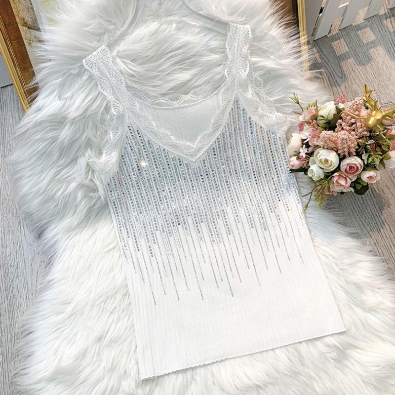 Summer New Lace Rhinestone Camisole Vest Women's Knitted Base Top