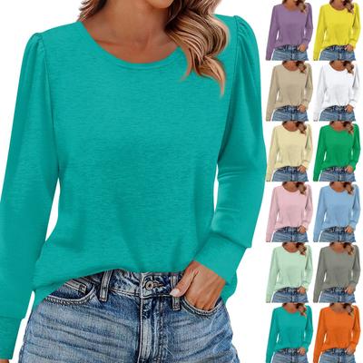 Damenmode Lässig Langarm Einfarbiges Hemd Damen Rundhals Tops