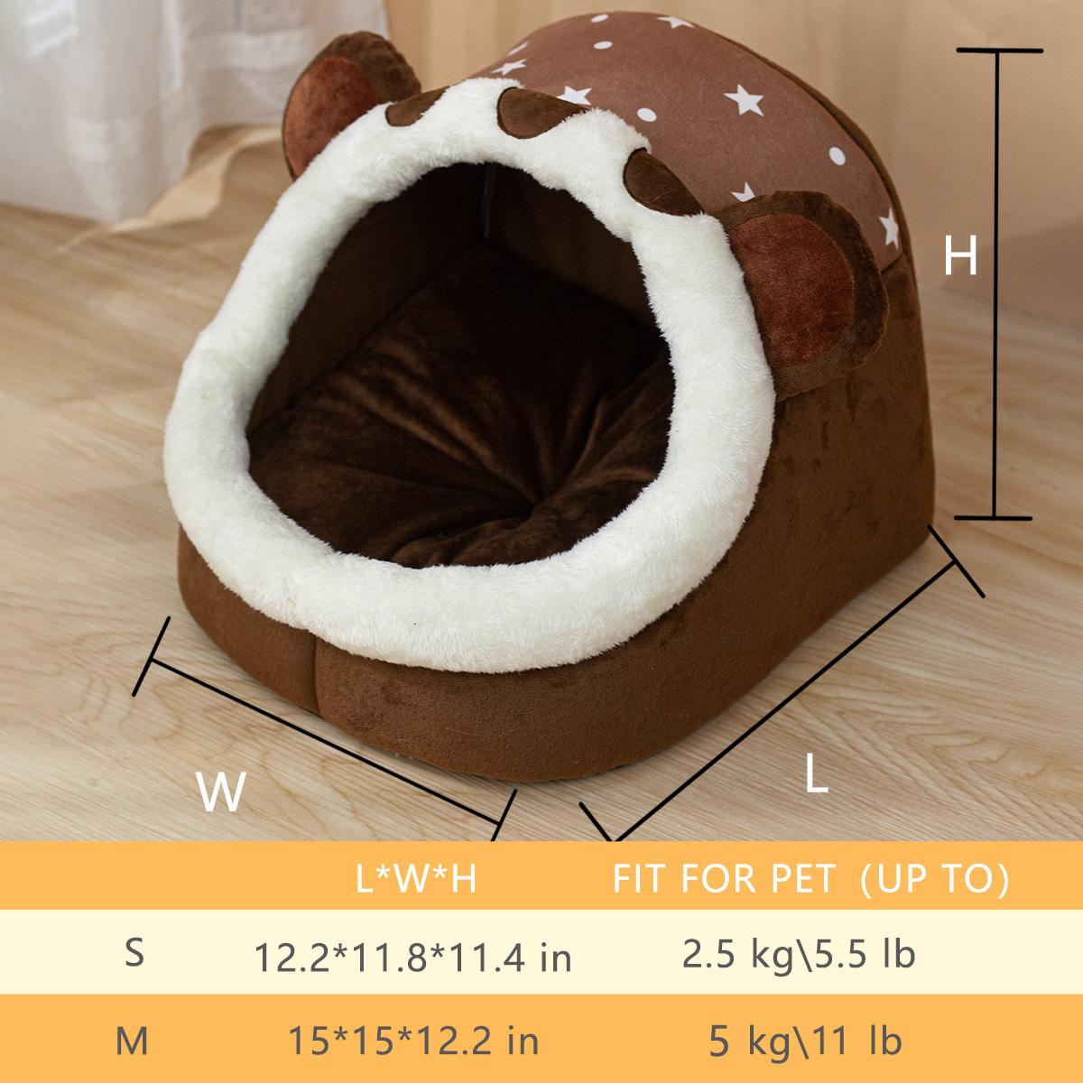 

Уютная и теплая полузакрытая кроватка для домашних животных для маленьких и средних собак и кошек — дизайн очаровательного бурого медведя S