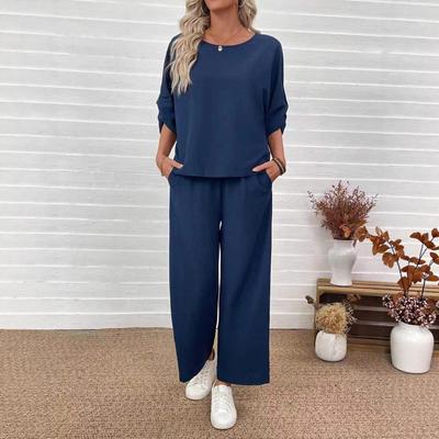 European & American Fashion 2025 Casual Set: Crew Neck Top + Vertical Wide-Leg Pants