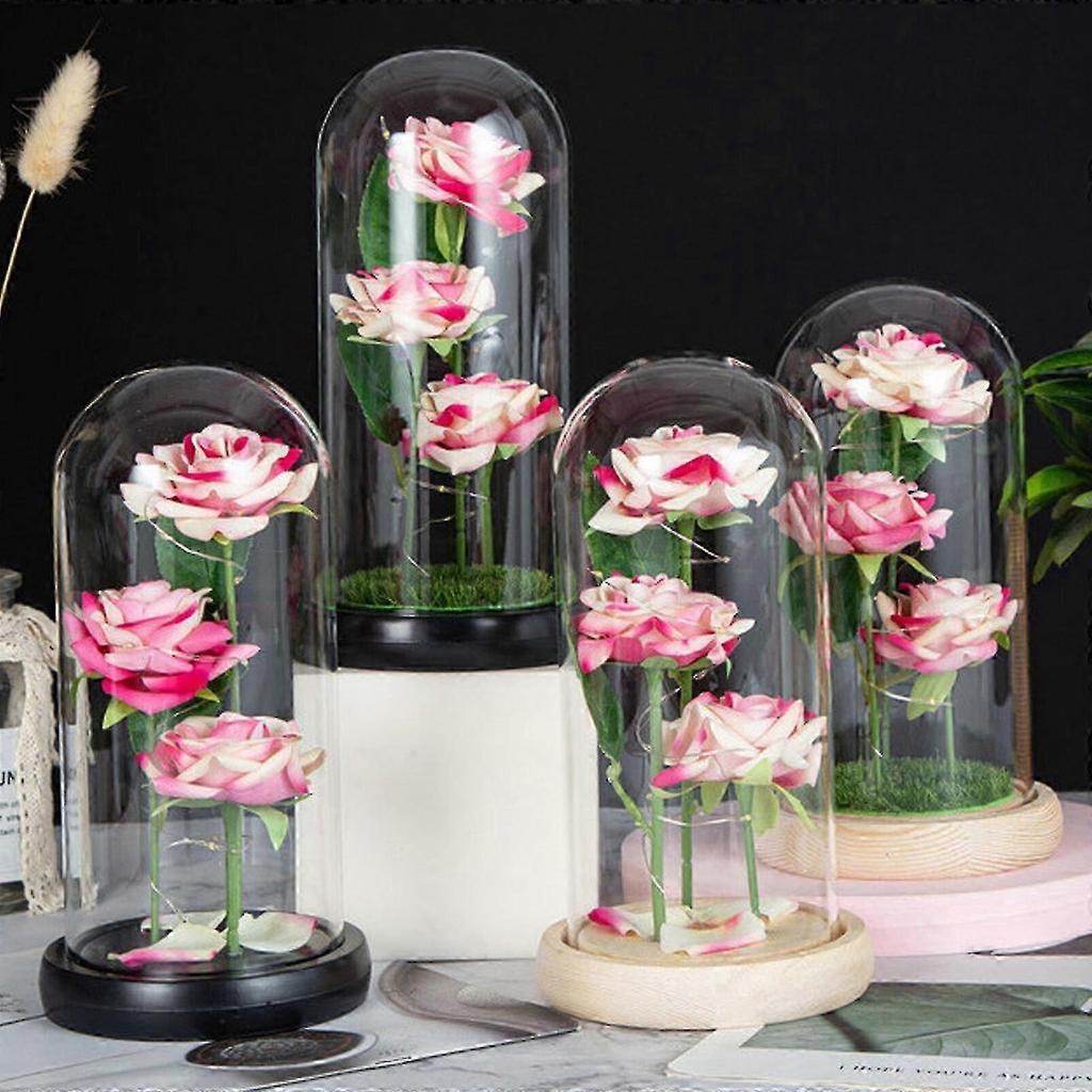 Pink Eternal Rose in Glass Dome with Wooden Base - LED Flower Gift for Christmas and Mother's Day