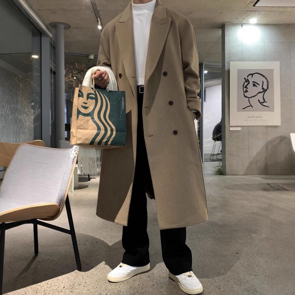 Erkek Orta Boy Çift Katmanlı Kaşmir Yün Paltosu: Sonbahar/Kış Kore Tarzı Trend