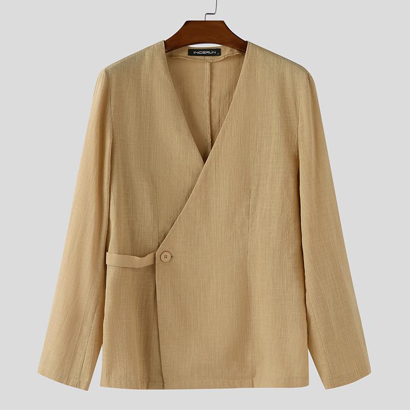 INCERUN Vintage Pánské Dlouhý Rukáv Přední Křížení Bavlna Ležérní Košile