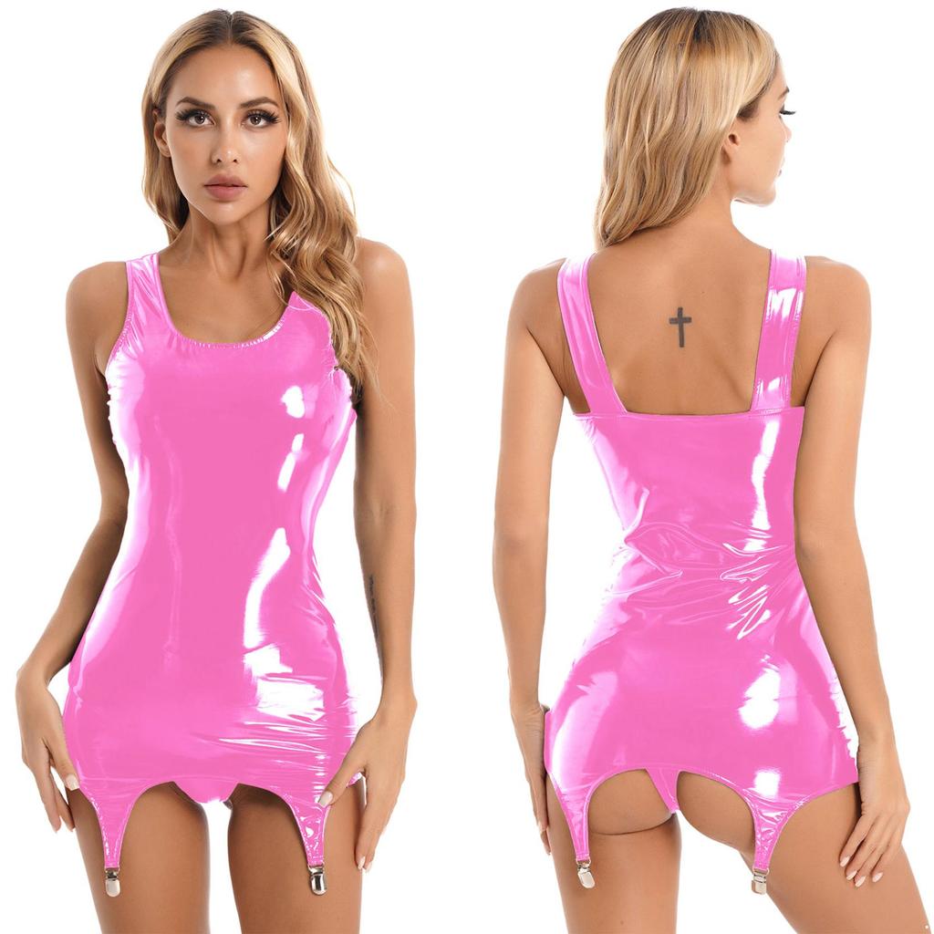 Dress with Garter Belt Women Sleeveless Patent Leather Mini Dress Bodycon Pencil Clubwear