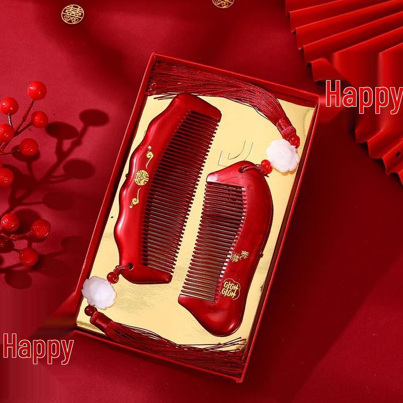 Bordowy Drewniany Zestaw Grzebieni Ślubnych z Lusterkiem - Pudełko na Prezent Weselny Panny Młodej