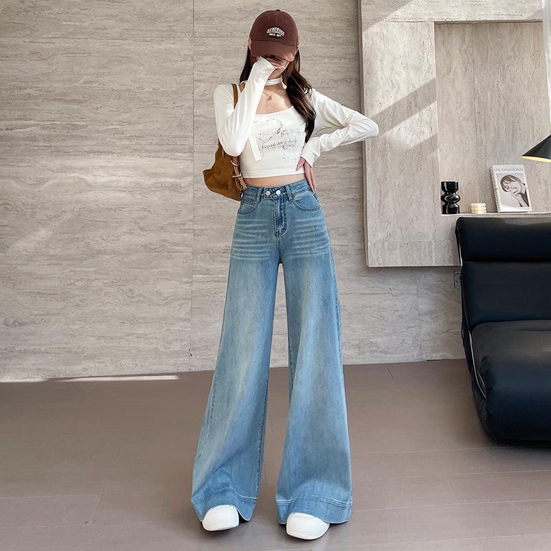 Early Spring Women s Petite High-Waisted Wide-Leg Bell Bottom Denim Pants L