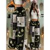 Black and green cat pumpkin ghost Halloween splicing print, women's autumn and winter velvet thermal pants