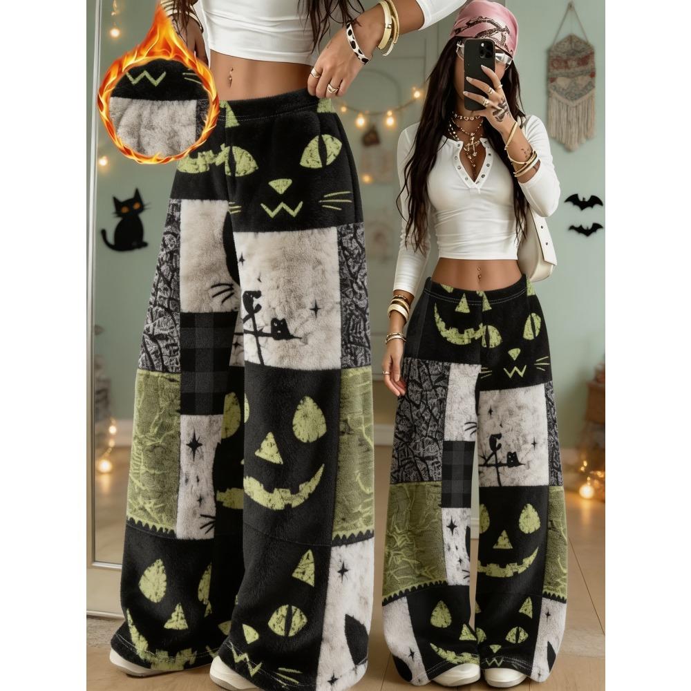 Black and green cat pumpkin ghost Halloween splicing print, women's autumn and winter velvet thermal pants
