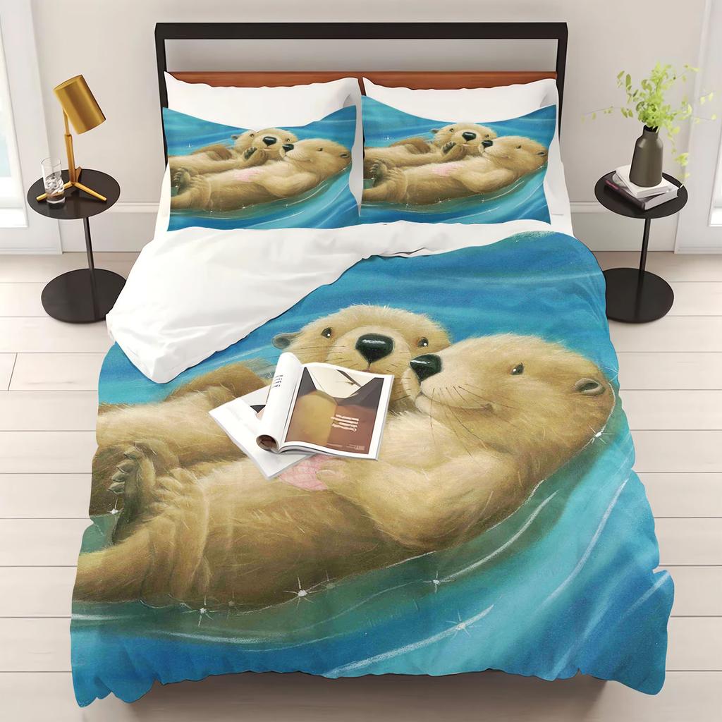Otter Duvet Cover Animal Cartoon 3-Piece Set Children Cute Polyester Soft Breathable Comforter Animation Bedding