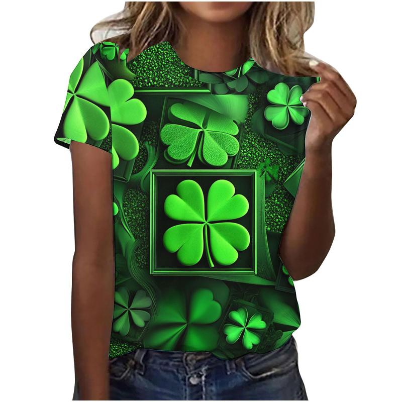 St. Patrick's Day Women T Shirt 3D Lucky Four-leaf Clover Graphic Print T-Shirts Unisex Crew Neck Short Sleeve Casual Kids Tops