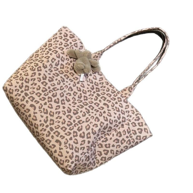 Retro Style Leopard Print Canvas Bag Girl Lazy Casual Shoulder Messenger Bag Large Capacity Commuter Bag