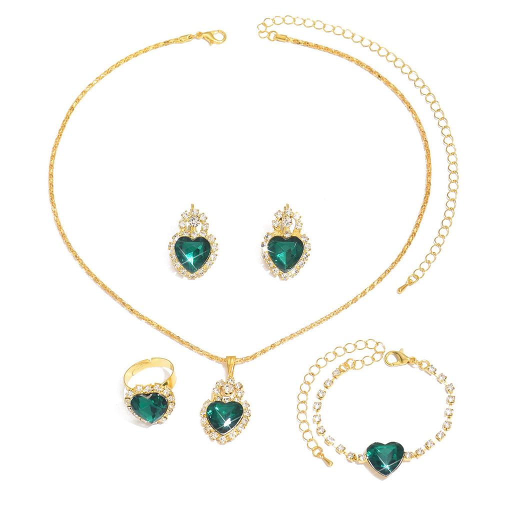 Love Rhinestone Necklace Earrings Ring Jewelry Four-Piece Set High-End Bridal Jewelry
