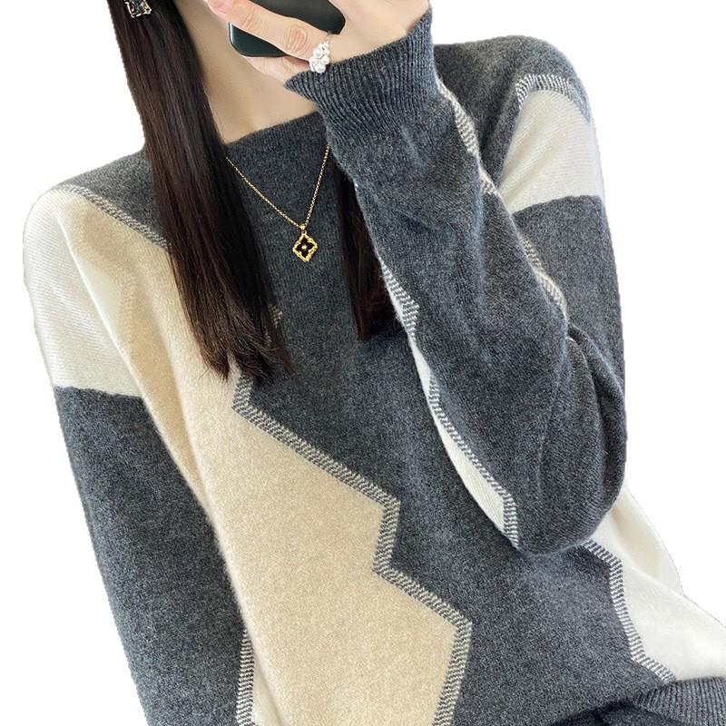 Women's Intarsia Color Block Pure Wool Sweater - Long Sleeve Half-High Neck Pullover