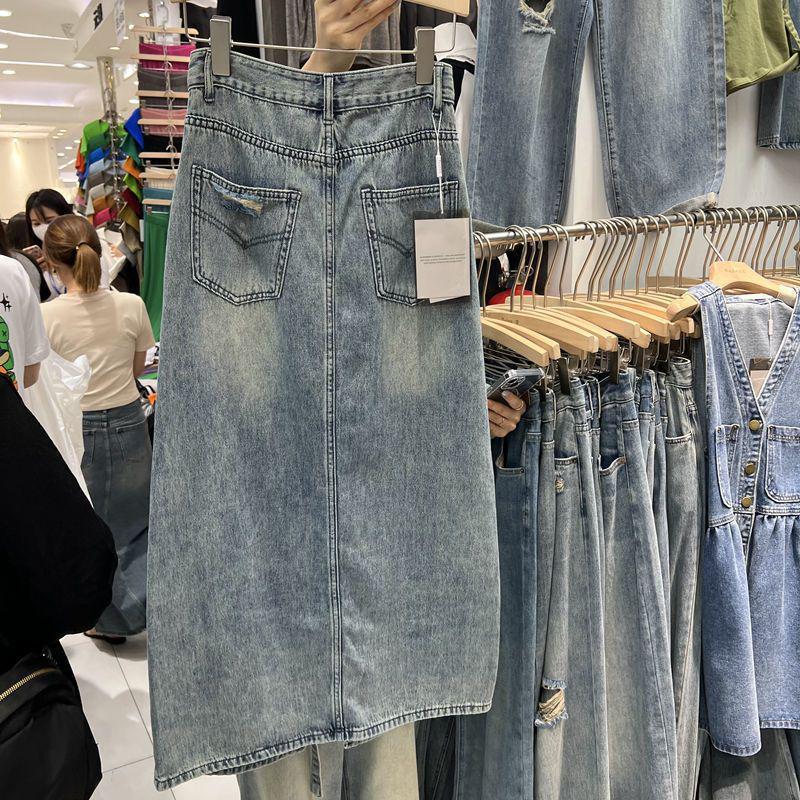 High-Waisted Distressed Denim Skirt: Mid-Length A-Line with Sexy Slit, Loose, Slimming, and Hip-Hugging.