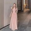 Pink Suspender Dress Women's Summer New Coffee Break Platycodon French Niche Retro Small Flying Sleeve Long Dress Vacation Style