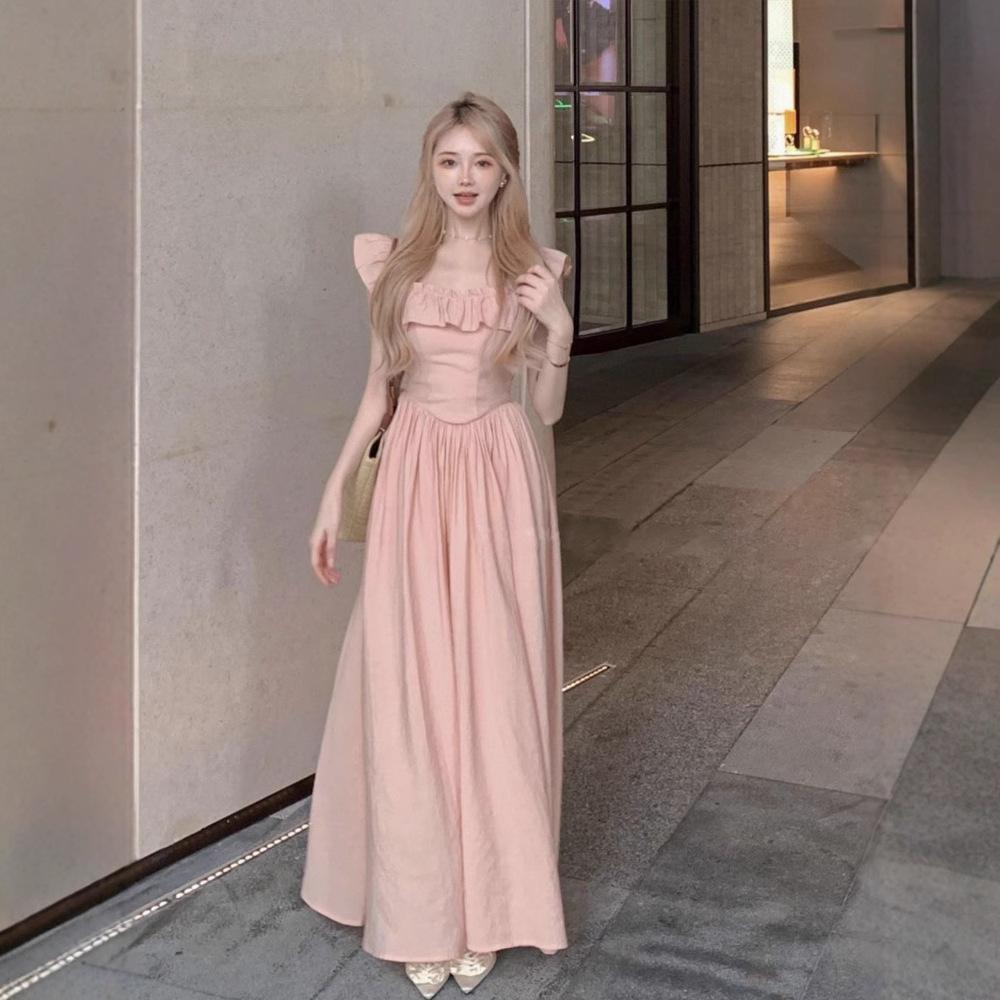 Pink Suspender Dress Women's Summer New Coffee Break Platycodon French Niche Retro Small Flying Sleeve Long Dress Vacation Style