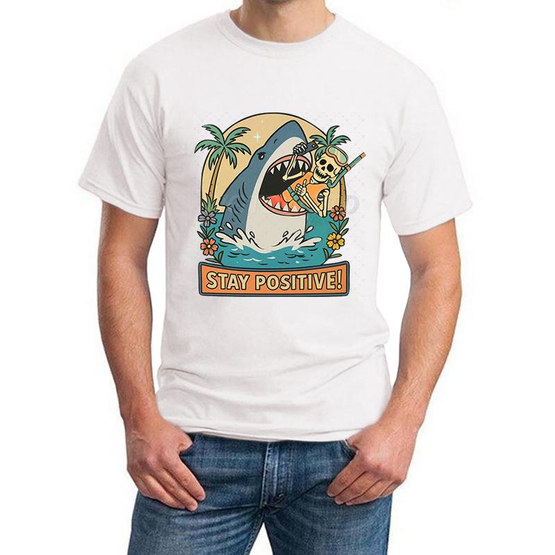 Stay Positive Shark Skeleton Funny T Shirts for Men New Design Fashion Summer Tops Positive Vibes Funny Skeleton T-shirt Women