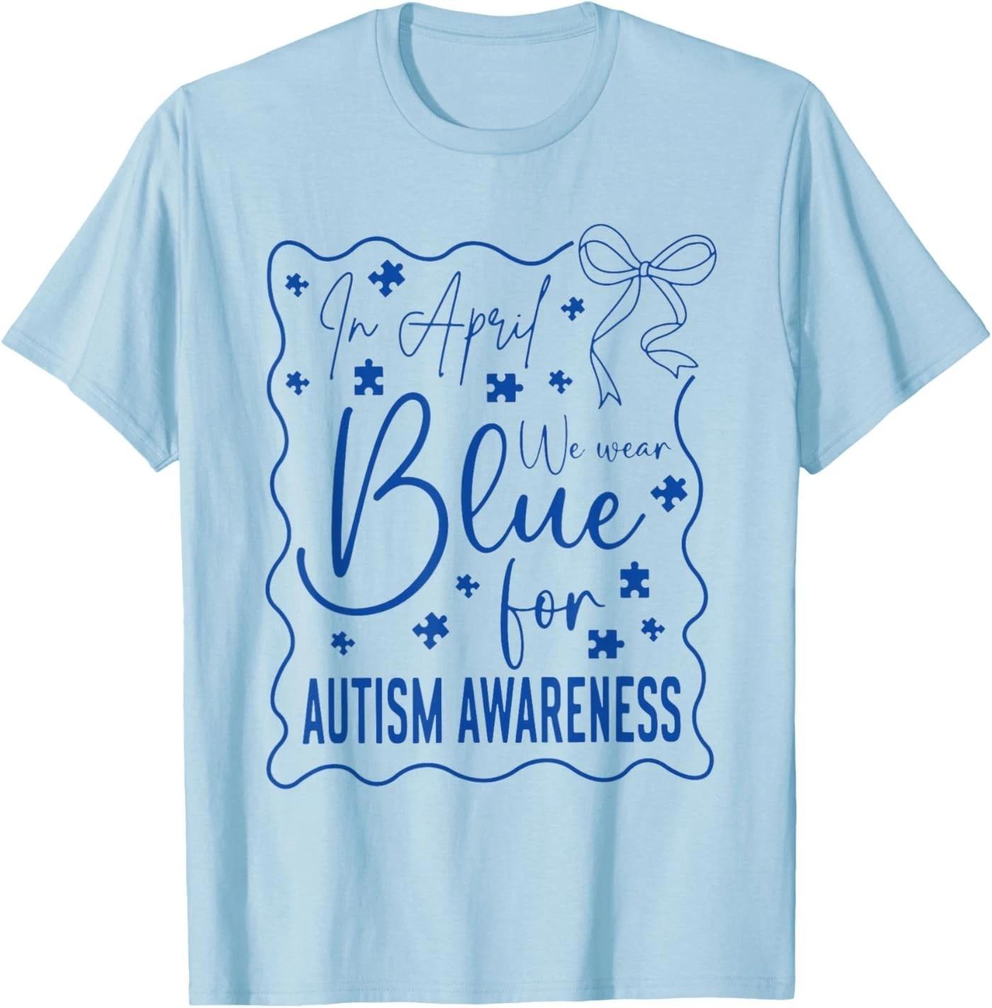 in April We Wear Blue Autism Awareness Month Coquette Bow T-Shirt M