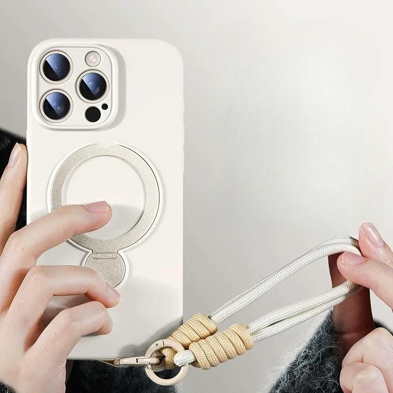 For iPhone 16 Pro Max Luxury Magsafe Magnetic Holder With Lanyard Liquid Silicone Phone Case For iPhone13 14 15 Protective Cover